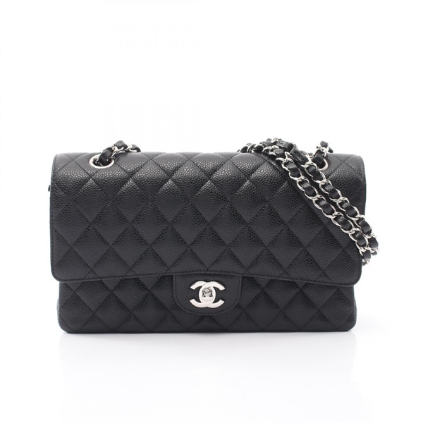 CHANEL Matelasse W flap Shoulder Bag Grained Calfskin leather Black Used SHW