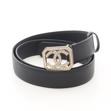 CHANEL COCO Mark Rhinestone Belt Ceinture #85/34 leather Black GHW Used Women CC
