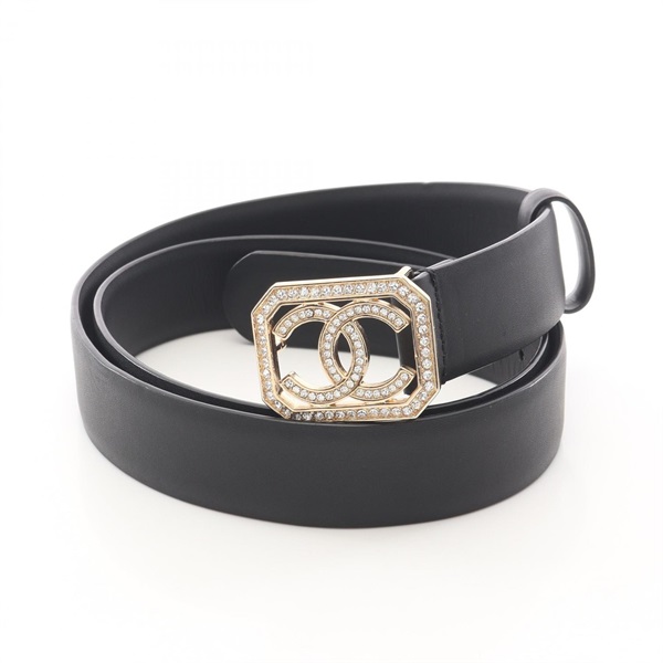 CHANEL COCO Mark Rhinestone Belt Ceinture #85/34 leather Black GHW Used Women CC