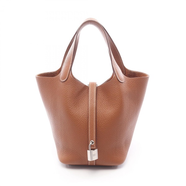 HERMES Picotin Lock PM tote Handbag Z Taurillon Clemence Brown Gold Used SHW