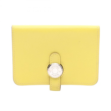 HERMES Dogon Card holder Case purse D Evercolor leather Lime Used Women SHW
