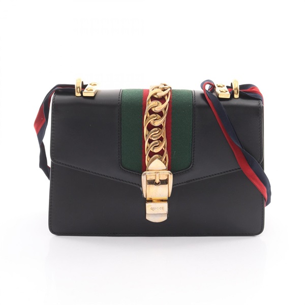 GUCCI Sylvie Small Web line Shoulder Handbag 421882 leather Black Green Red Used