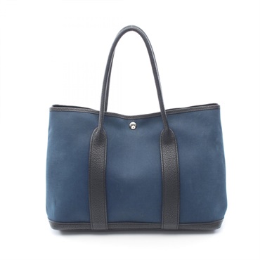 HERMES Garden Party PM Tote Bag Negonda leather Toile officier Navy Black Used X