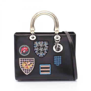 Christian Dior Lady Dior Large Patch Shoulder Handbag leather Black Used Women