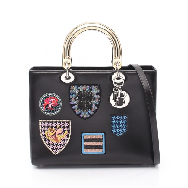 Christian Dior Lady Dior Large Patch Shoulder Handbag leather Black Used Women