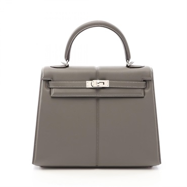 HERMES Kelly 25 Padded Shoulder Handbag Swift Leather Gray Grimayer Used B SHW