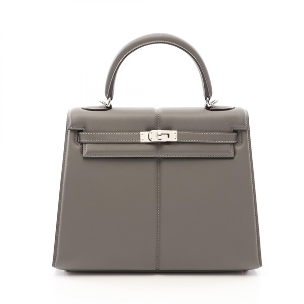 HERMES Kelly 25 Padded Shoulder Handbag Swift Leather Gray Grimayer Used B SHW