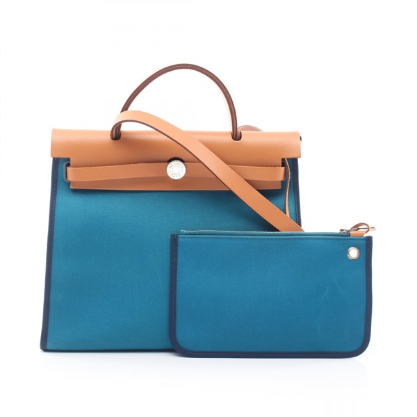 HERMES Herbag Zip PM Shoulder Handbag Canvas leather Blue Brown SHW Used Q