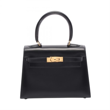 HERMES Mini Kelly shoulder Handbag outside stitched V Box calf leather Black GHW