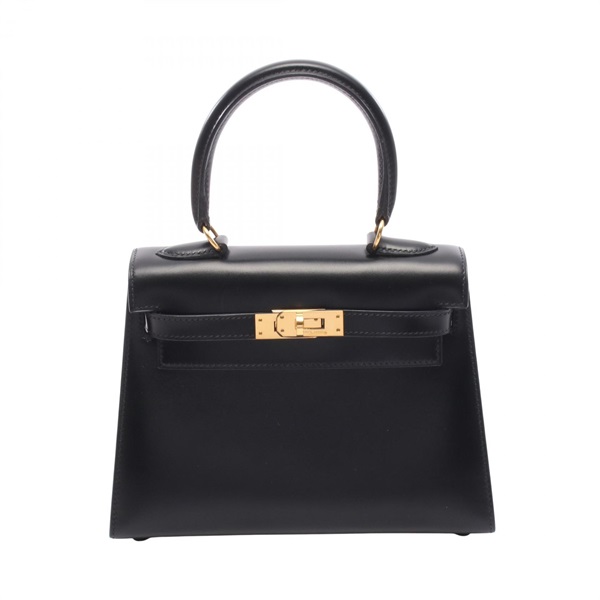 HERMES Mini Kelly shoulder Handbag outside stitched V Box calf leather Black GHW