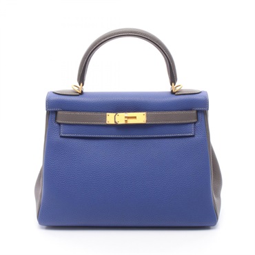 HERMES Kelly 28 shoulder Handbag X Togo leather Blue electric etain GHW