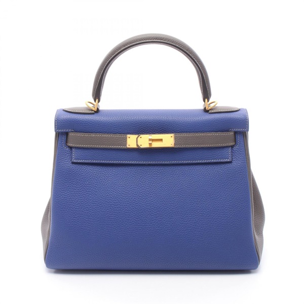 HERMES Kelly 28 shoulder Handbag X Togo leather Blue electric etain GHW