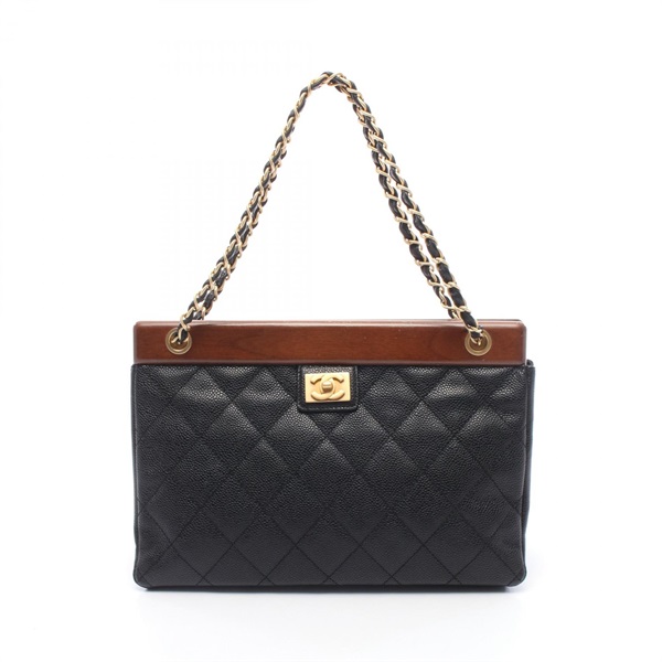 CHANEL Matelasse Chain Tote Bag Calfskin Wood Black Brown GHW Used Women