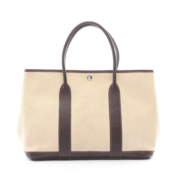 HERMES Garden Party PM Tote Bag Toile H canvas Buffalo leather Beige Used L SHW