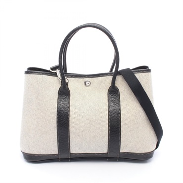 HERMES Garden Party TPM Shoulder Tote Bag Toile H canvas leather Gray Black Used