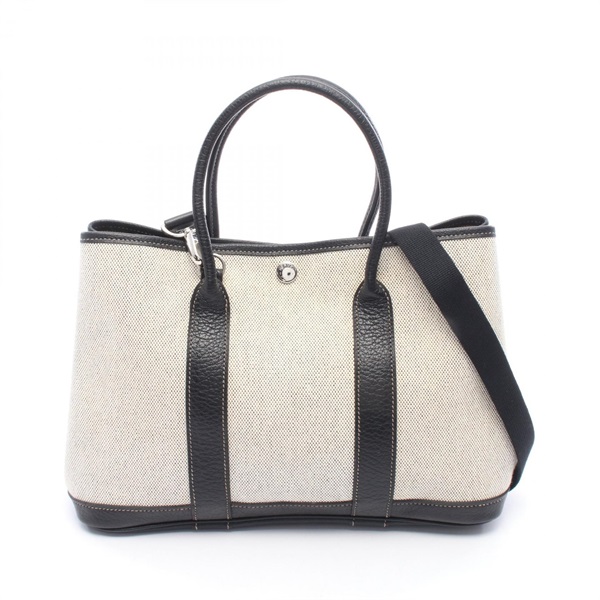 HERMES Garden Party TPM Shoulder Tote Bag Toile H canvas leather Gray Black Used