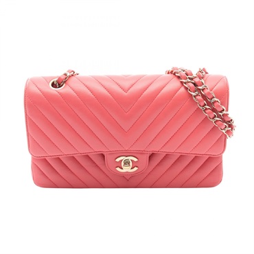 CHANEL Chevron V-stitch W-flap chain Shoulder Bag Lamb leather Pink Used GHW CC