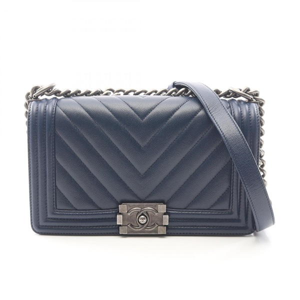 CHANEL Boy Chanel Chevron V Stitch Chain Shoulder Bag A67086 Calfskin Navy