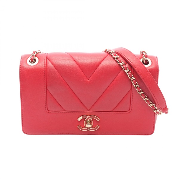 CHANEL Chevron V Stitch Chain Shoulder Bag Leather Red Used Women GHW CC