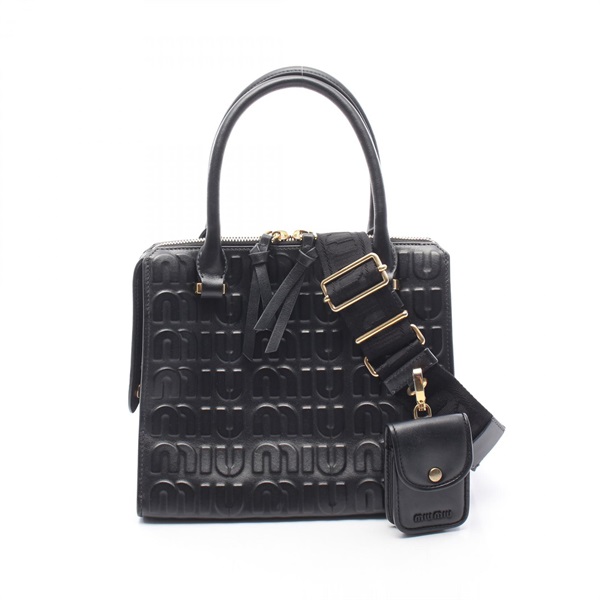 Miu Miu Embossed logo Shoulder Crossbody Handbag 5BB111 leather Black Used Women
