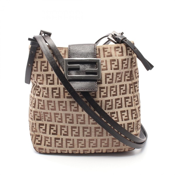 FENDI Zucchino Shoulder Bag canvas leather Beige Brown Used Women