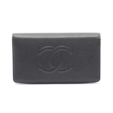 CHANEL COCO Mark Bifold purse wallet Grained Calfskin leather Black Used SHW