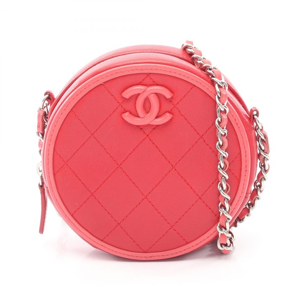CHANEL Matelasse Round Chain Shoulder Crossbody Bag leather Red Pink SHW Used CC