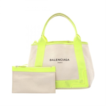 BALENCIAGA NAVY CABAS S Tote hand Bag 339933 canvas leather White Yellow Used