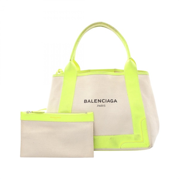 BALENCIAGA NAVY CABAS S Tote hand Bag 339933 canvas leather White Yellow Used