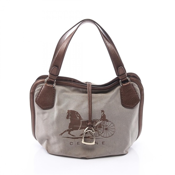 CELINE Carriage Tote hand Bag canvas leather Beige Brown Used Women