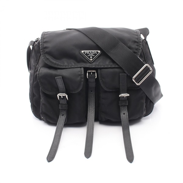 PRADA Triangle logo Crossbody Shoulder Bag Nylon Saffiano leather Black Used