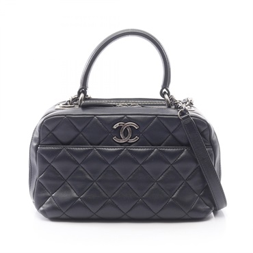CHANEL Matelasse Bowling Shoulder hand Bag leather Navy Used Women SHW