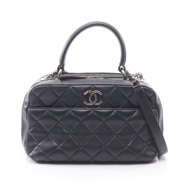 CHANEL Matelasse Bowling Shoulder hand Bag leather Navy Used Women SHW