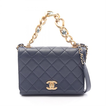 CHANEL Mini Matelasse 2WAY Chain Shoulder Bag leather Navy GHW Used Women