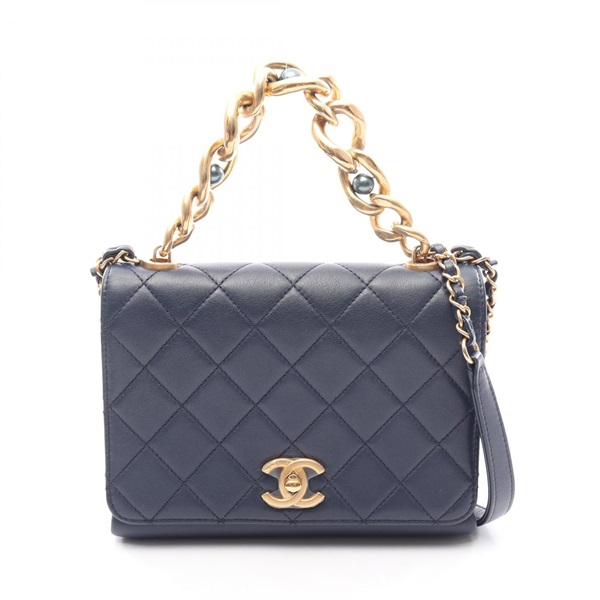 CHANEL Mini Matelasse 2WAY Chain Shoulder Bag leather Navy GHW Used Women
