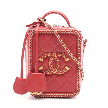 CHANEL CC Filigree Chain Shoulder Hand Bag leather Red Used Women GHW Coco