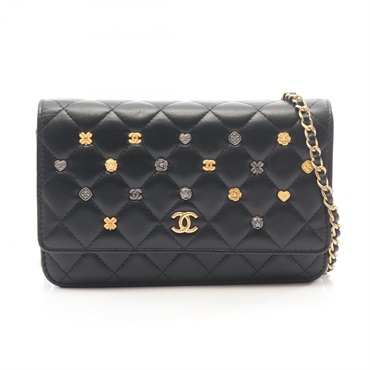 CHANEL Matelasse Icon Charm chain Shoulder Bag Lamb leather Black Used Women GHW