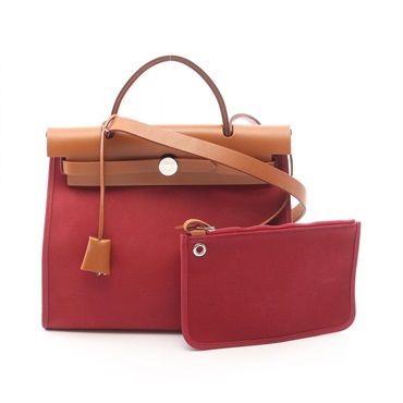 HERMES Herbag Zip PM Shoulder Handbag Hunter leather Toile officier Bordeaux T
