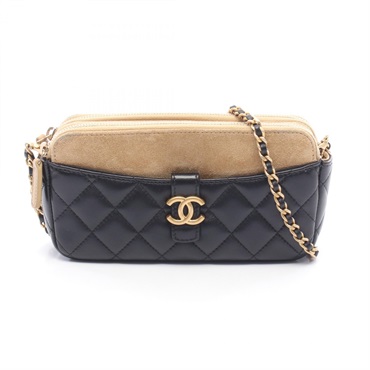 CHANEL Matelasse phone case Shoulder Bag Lamb leather Suede Black Brown Used GHW