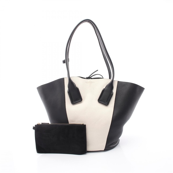 BOTTEGA VENETA Basket Medium Tote Bag canvas leather Beige Black Used