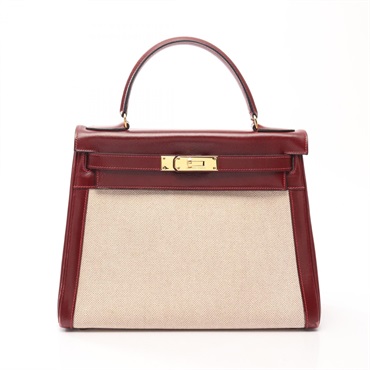 HERMES Kelly 28 Handbag Toile H canvas Box calf leather Ecru Rouge H Used K GHW