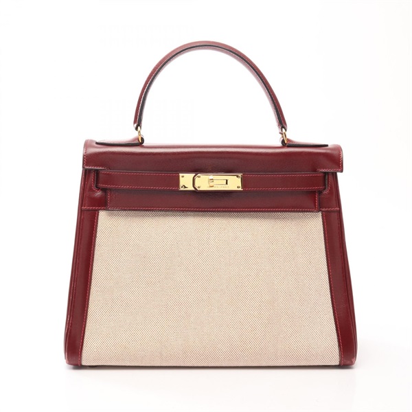 HERMES Kelly 28 Handbag Toile H canvas Box calf leather Ecru Rouge H Used K GHW