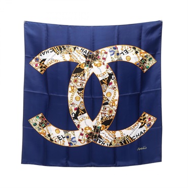 CHANEL COCO Mark Jewelry Pattern Scarf Stole Wrap silk Navy Multicolor Used CC