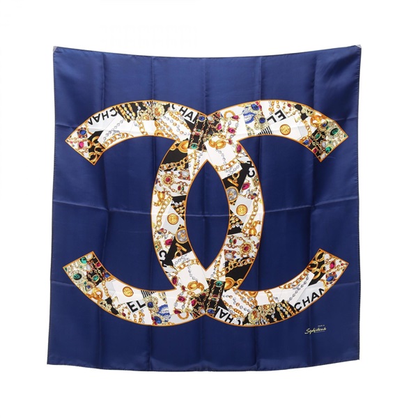 CHANEL COCO Mark Jewelry Pattern Scarf Stole Wrap silk Navy Multicolor Used CC