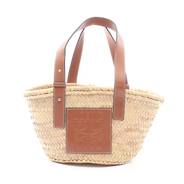 LOEWE Basket small Handbag leather Raffia natural Brown Used Women