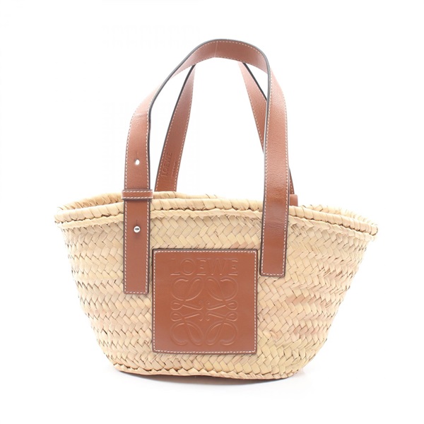 LOEWE Basket small Handbag leather Raffia natural Brown Used Women