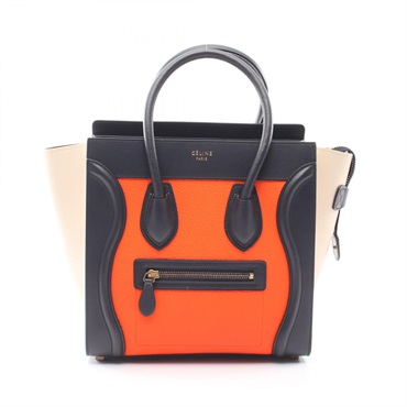 CELINE Luggage Micro Shopper Tote Handbag 167793 leather Orange Navy Beige Used