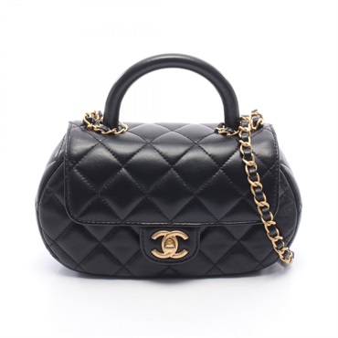 CHANEL Matelasse Top Handle Hand Shoulder Bag Lamb leather Black Used Women GHW