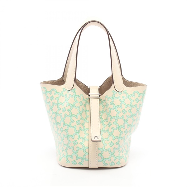 HERMES Picotin Lock Micro Lucky Daisy Handbag Swift leather Green Nata Used SHW