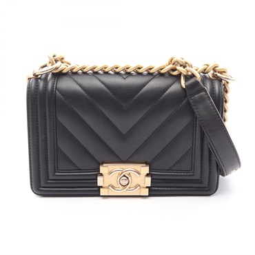 CHANEL Boy Chanel Small Chevron V Stitch Chain Shoulder Bag Lambskin Black GHW